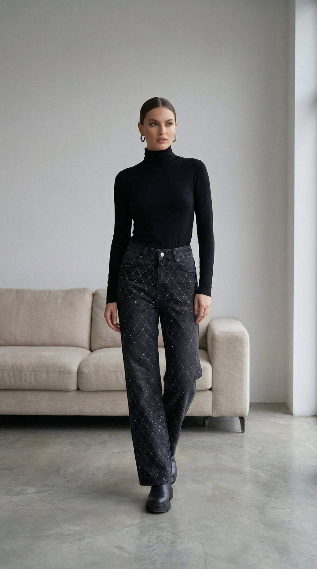 2481 Taşlı Baklava Desenli Pantalon - Desfita