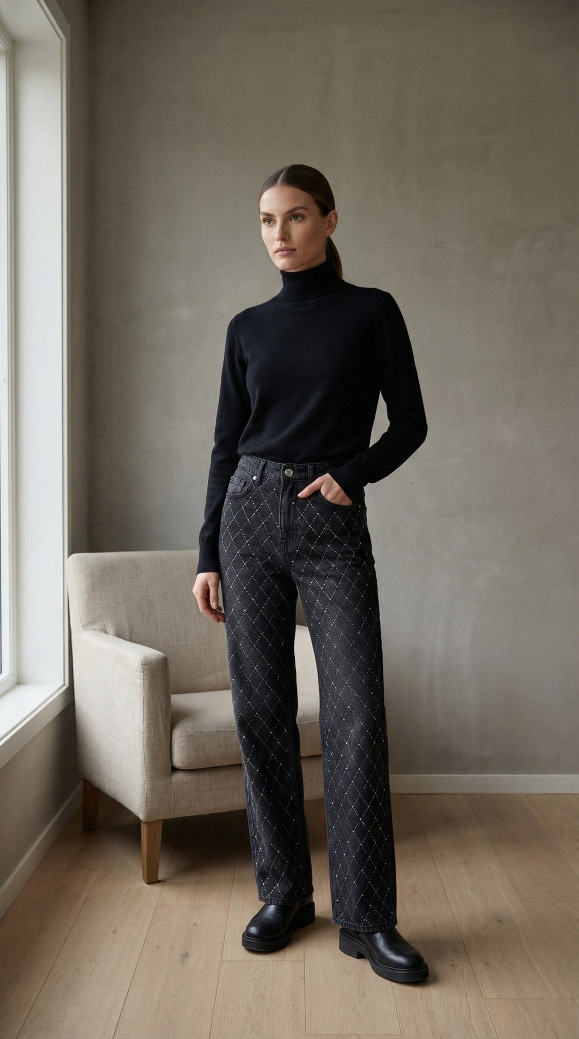 2481 Taşlı Baklava Desenli Pantalon - Desfita