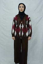 Baklava desenli v yaka triko hırka takım 4017 - Desfita