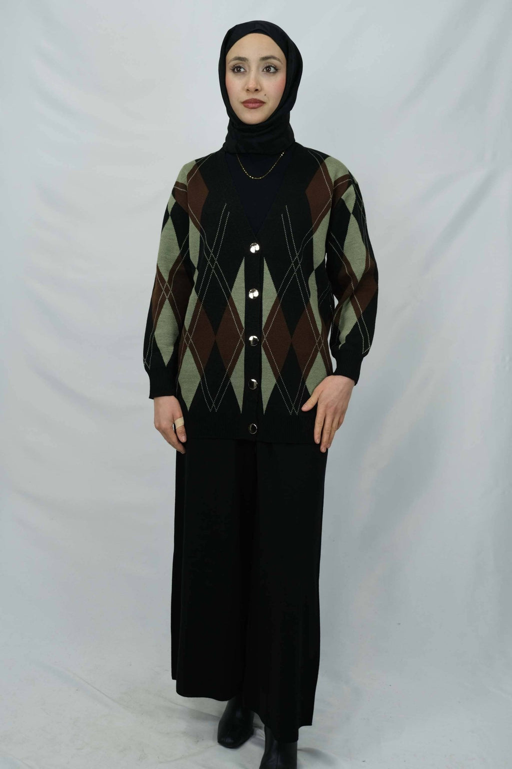 Baklava desenli v yaka triko hırka takım 4017 - Desfita