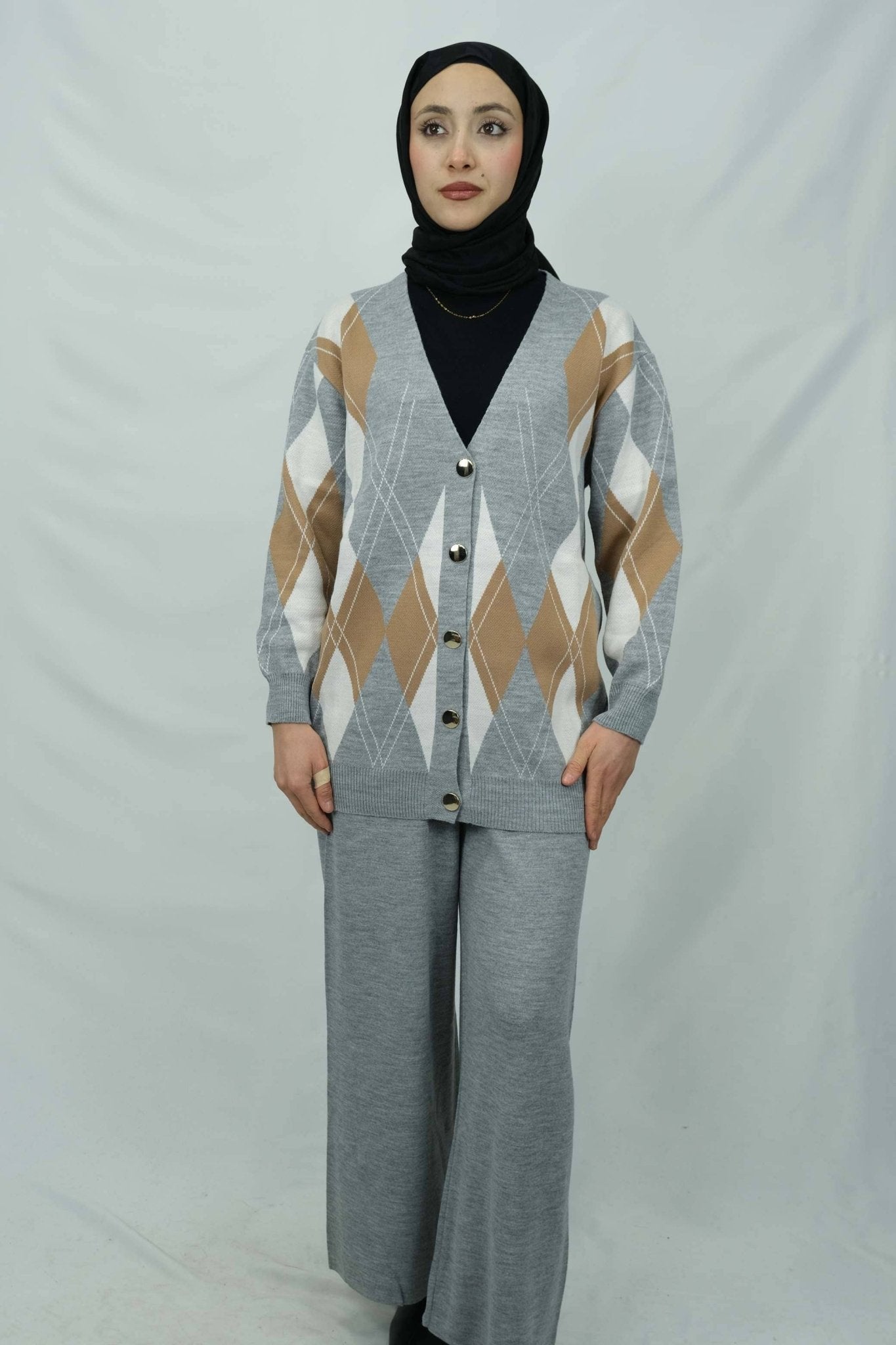 Baklava desenli v yaka triko hırka takım 4017 - Desfita