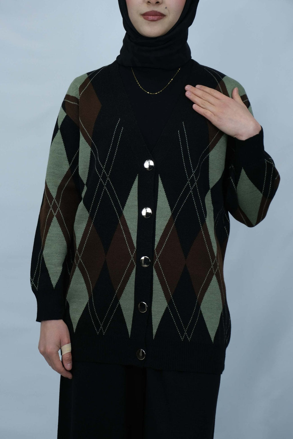 Baklava desenli v yaka triko hırka takım 4017 - Desfita