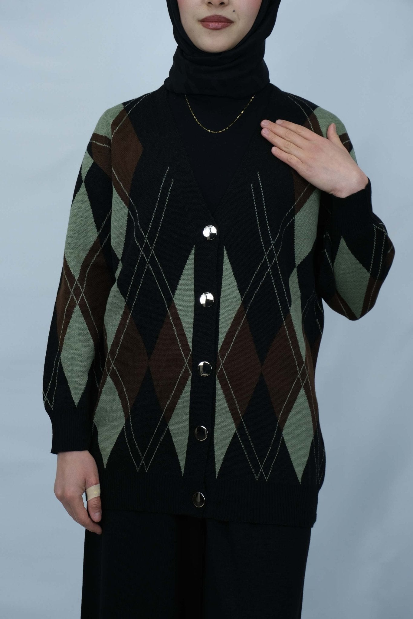 Baklava desenli v yaka triko hırka takım 4017 - Desfita