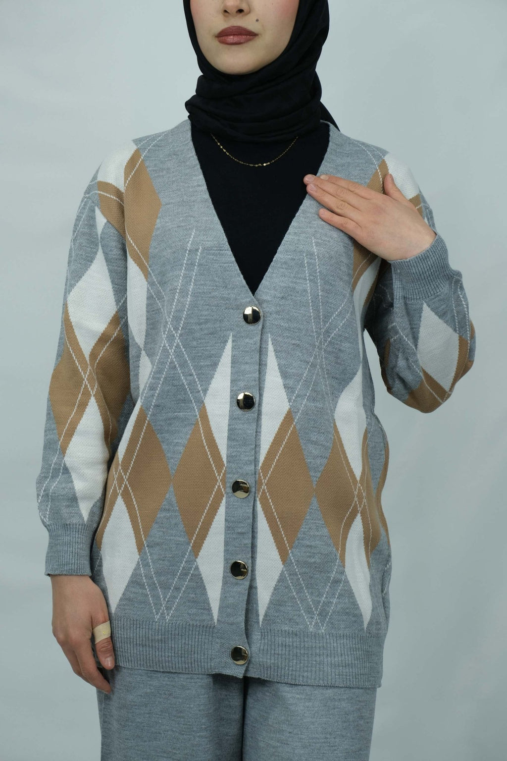 Baklava desenli v yaka triko hırka takım 4017 - Desfita