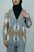 Baklava desenli v yaka triko hırka takım 4017 - Desfita