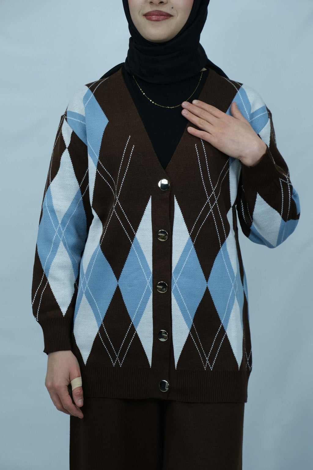 Baklava desenli v yaka triko hırka takım 4017 - Desfita