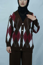 Baklava desenli v yaka triko hırka takım 4017 - Desfita