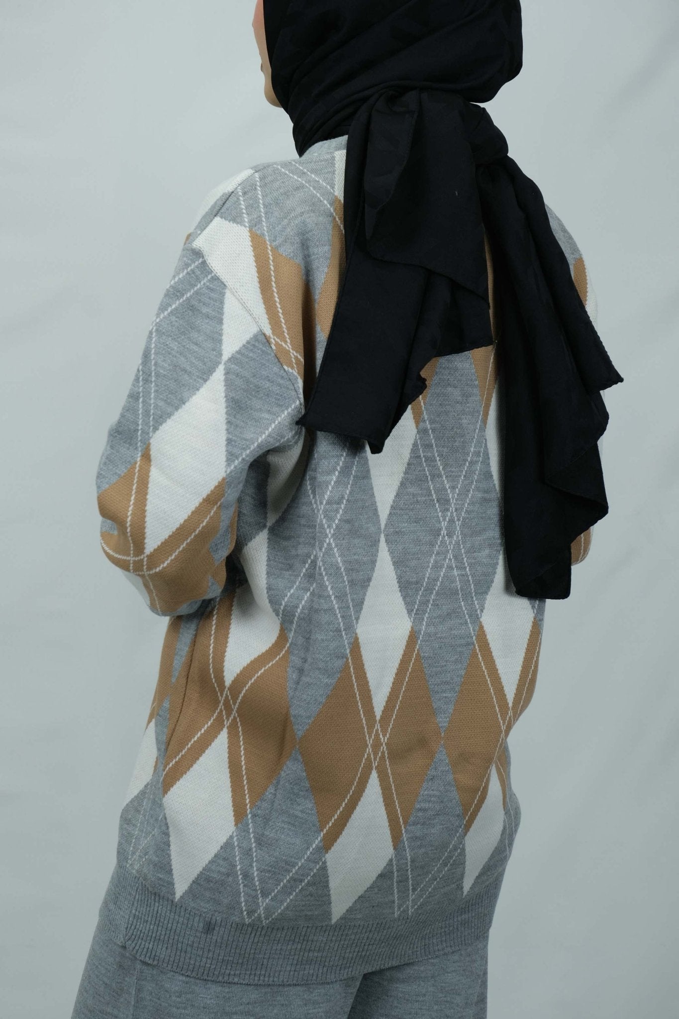 Baklava desenli v yaka triko hırka takım 4017 - Desfita