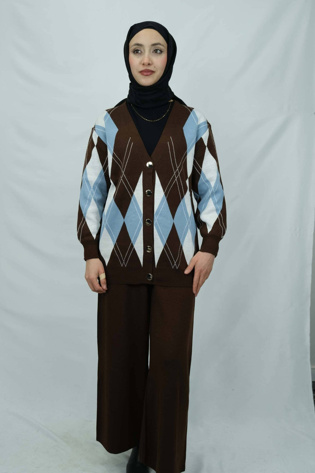 Baklava desenli v yaka triko hırka takım 4017 - Desfita