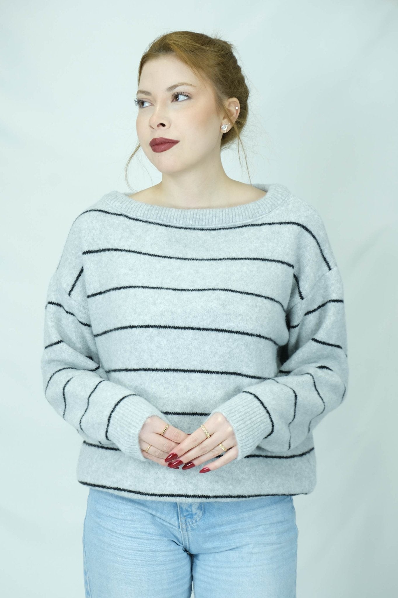 Çizgili kayık yaka kazak 1663 Ürün ikincil görseli