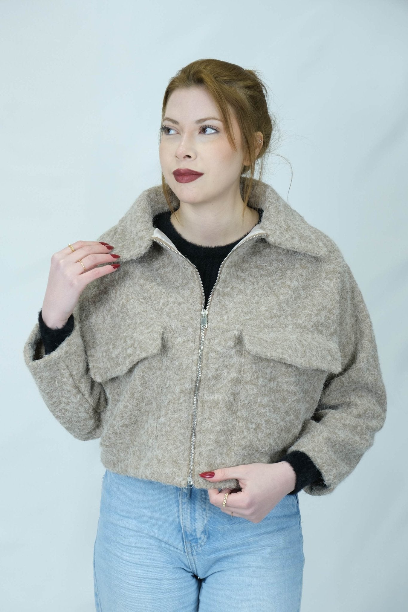 fermuarlı buklet crop ceket 6915 - Desfita