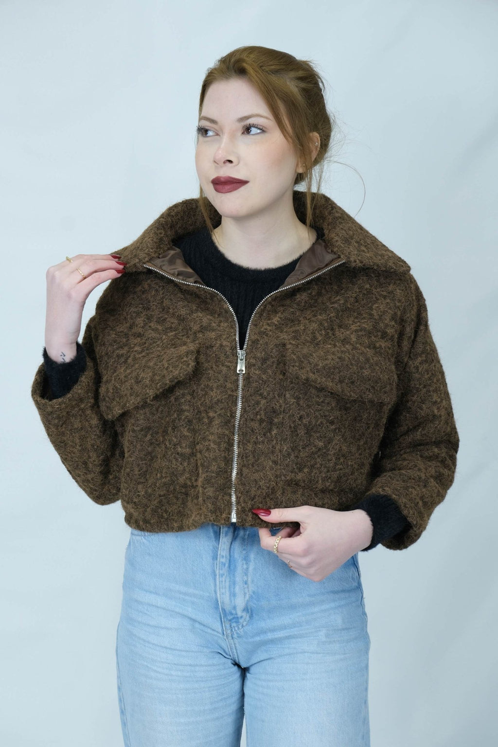 fermuarlı buklet crop ceket 6915 - Desfita