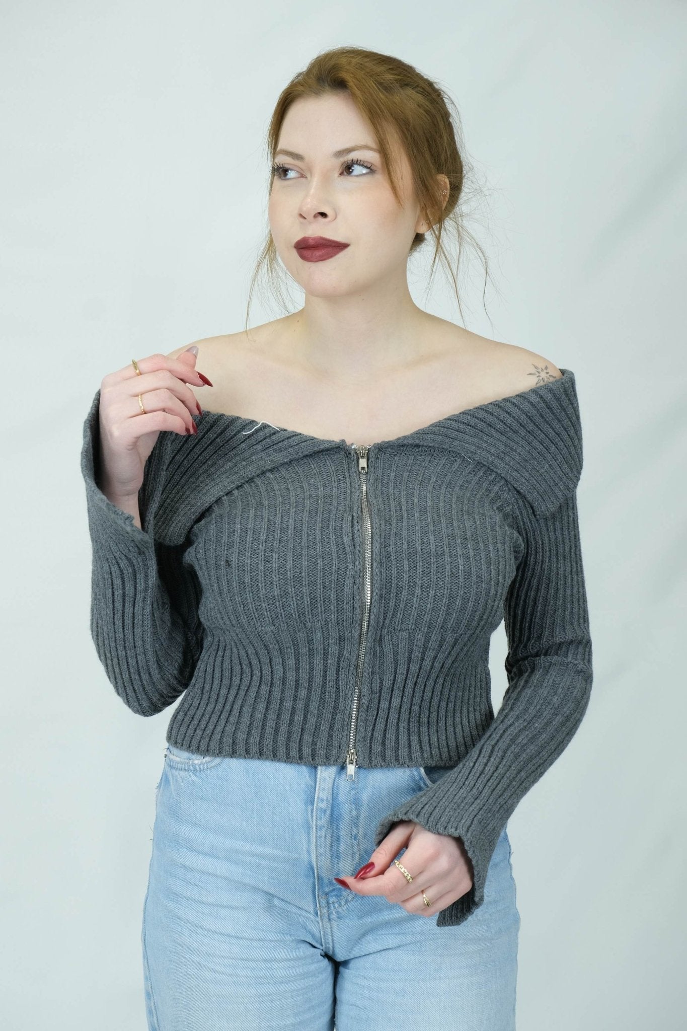 fermuarlı omuz detaylı triko 1427 - Desfita