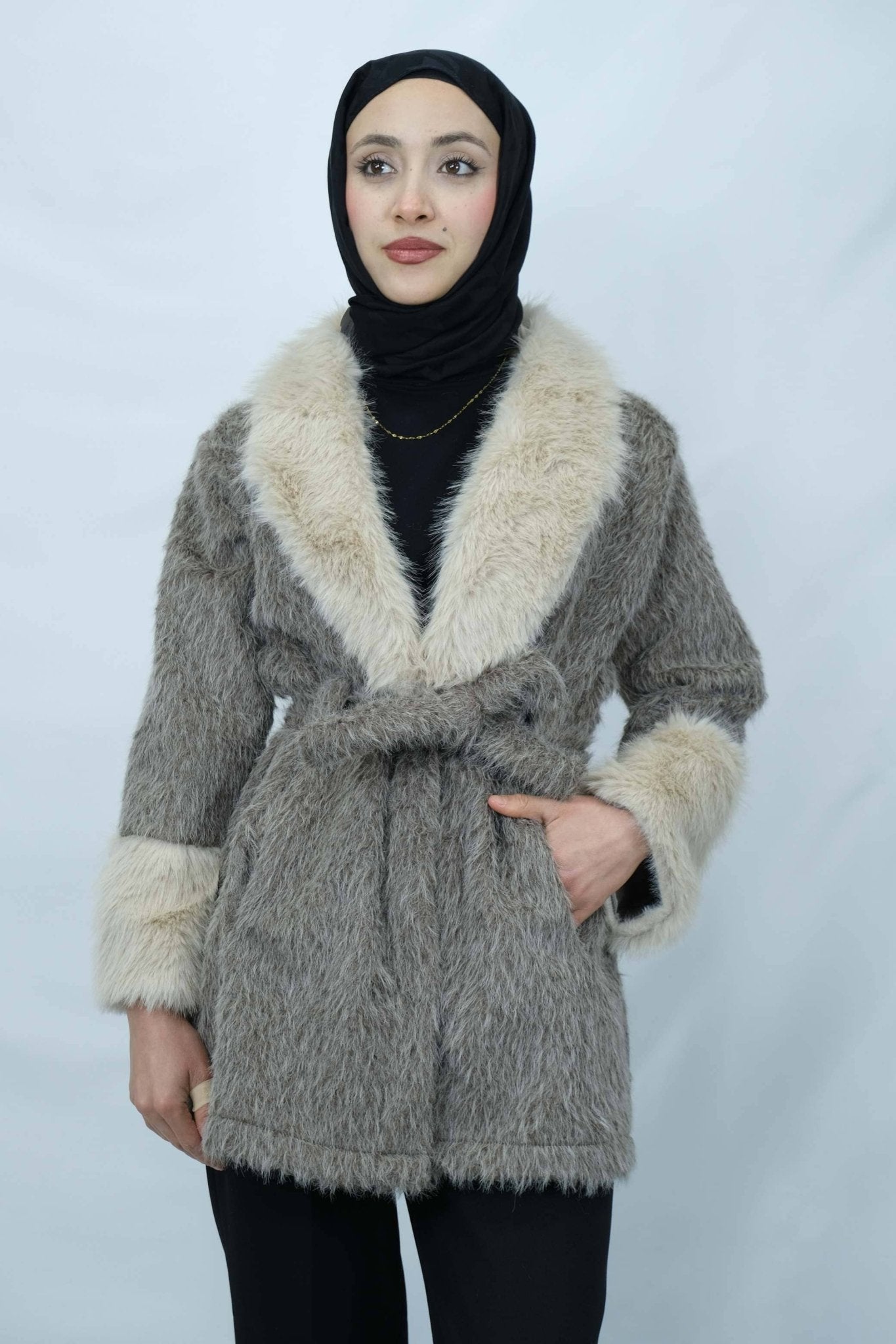 Kürk Detaylı Kuşaklı Buklet Kaban 3043 - Desfita