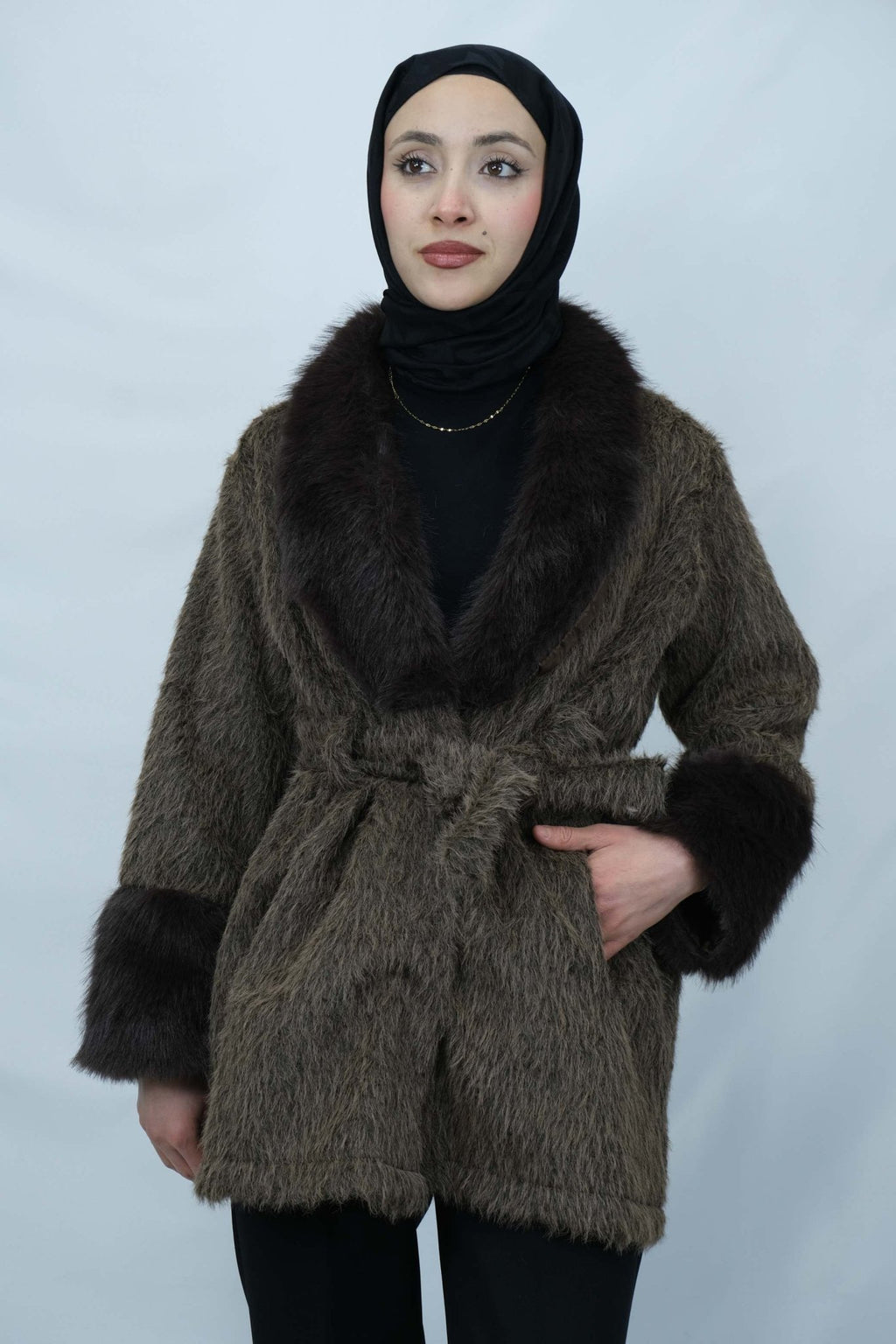 Kürk Detaylı Kuşaklı Buklet Kaban 3043 - Desfita