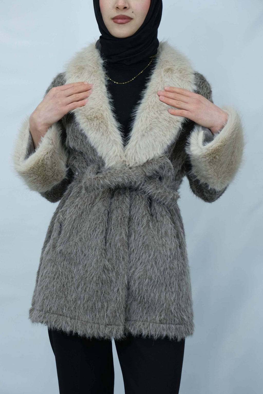 Kürk Detaylı Kuşaklı Buklet Kaban 3043 - Desfita