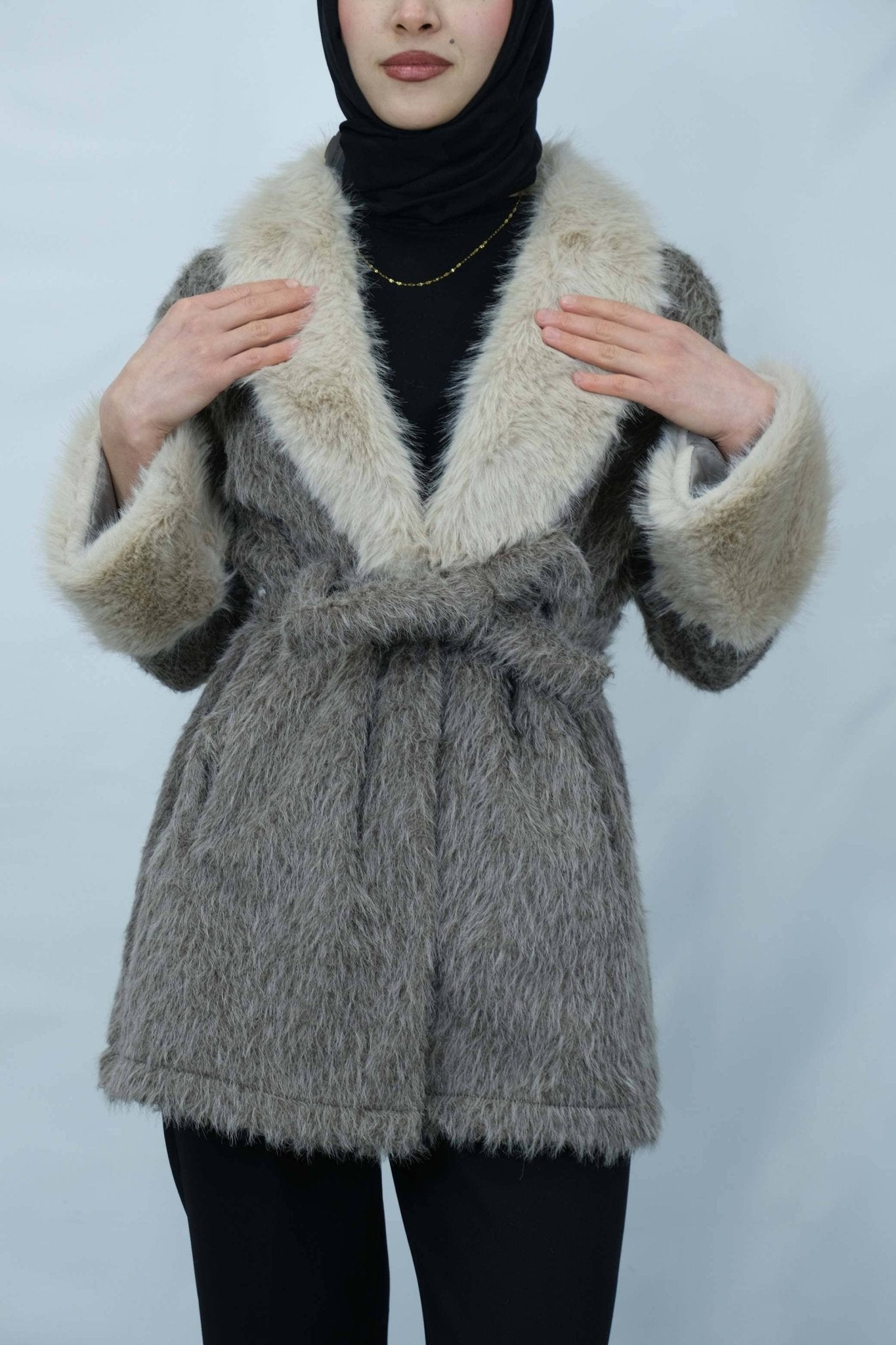 Kürk Detaylı Kuşaklı Buklet Kaban 3043 - Desfita