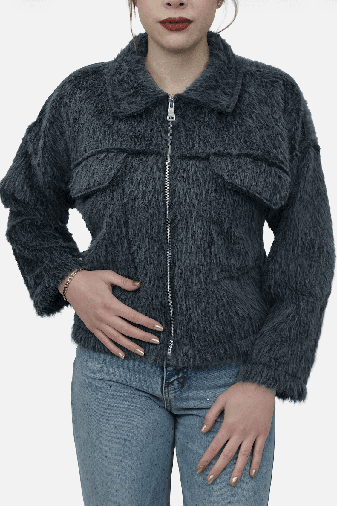 Tüylü Fermuarlı Ceket - 55007 - Desfita