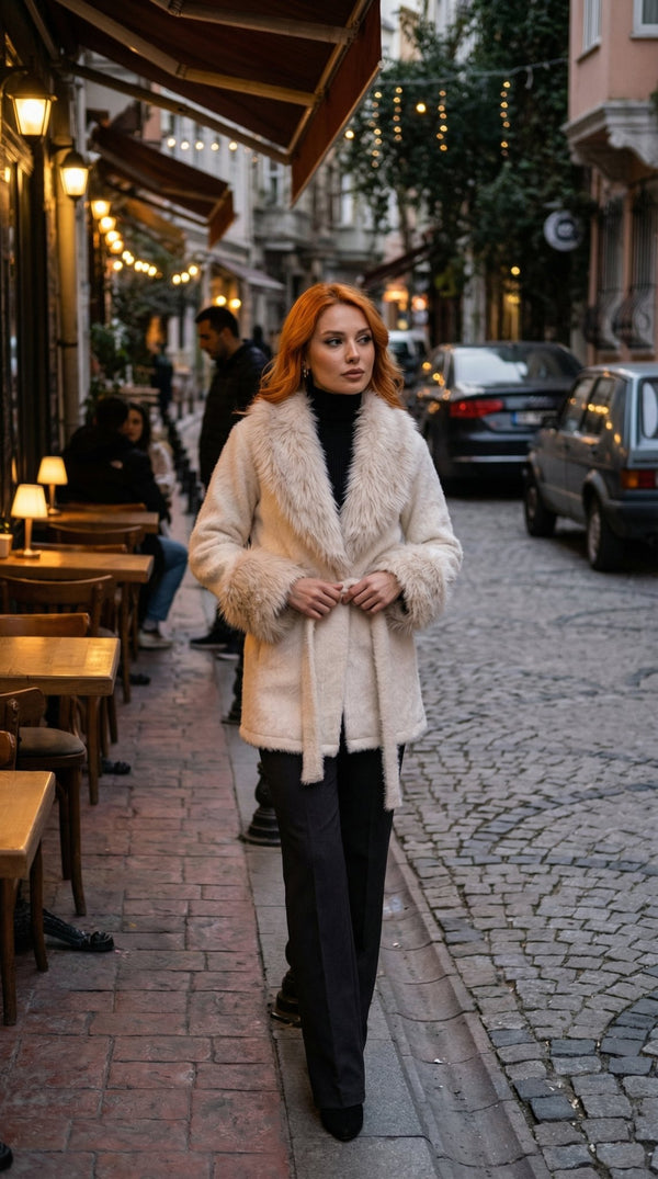 Kürk Detaylı Kuşaklı Buklet Kaban 3043