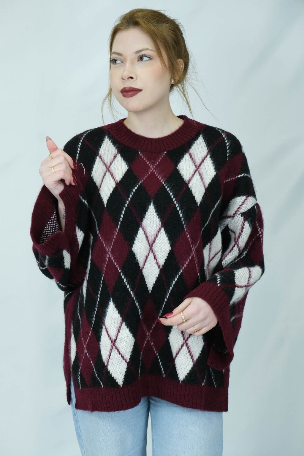 Uzun Baklava desenli triko kazak - Desfita