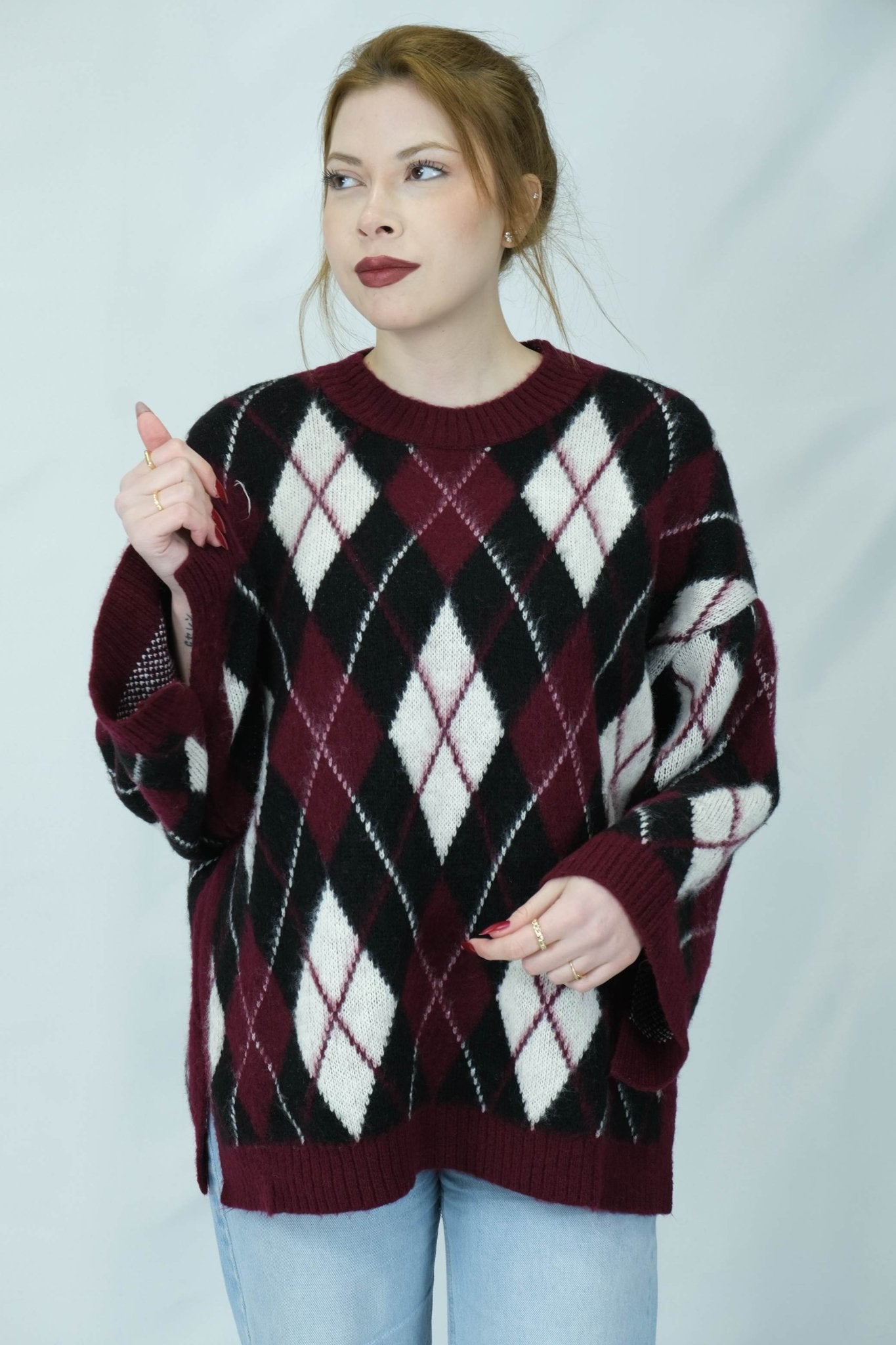 Uzun Baklava desenli triko kazak - Desfita