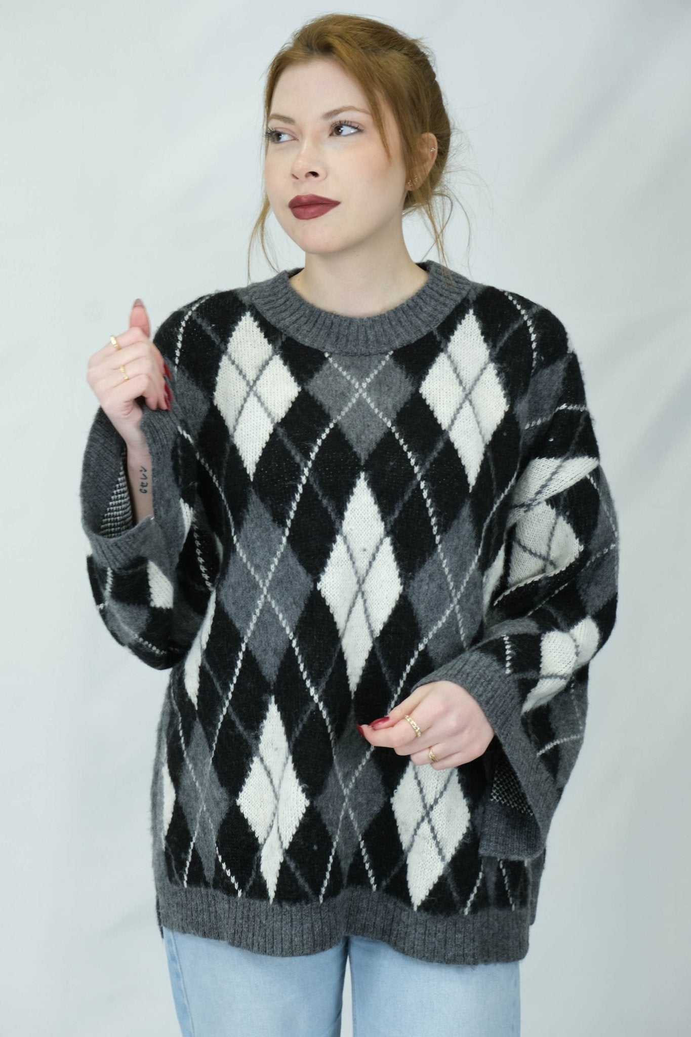 Uzun Baklava desenli triko kazak - Desfita