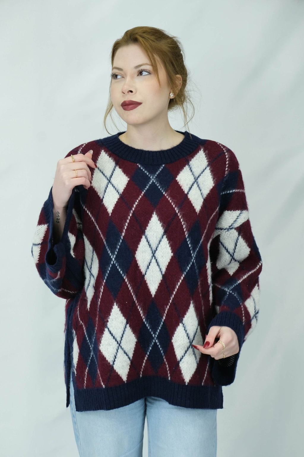 Uzun Baklava desenli triko kazak - Desfita